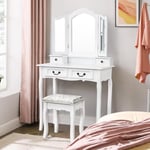 Coiffeuse avec 3 Miroir, Tabouret, 4 tiroirs, Commode en bois, Style Classique - Blanc