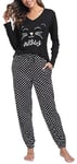 Lovasy Pyjama Hiver Femme Chaud Ensemble Pyjama Femme en Coton Col en V à Manches Longues avec Chat Vêtements de Nuit Long 2 Pièces Pyjamas pour Dormir Maison D Noir XL