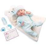 JC TOYS - Poupée La Newborn Nouveau-né de 38 cm, avec Un Corps Doux, avec Une Barboteuse, Une Couverture Douce à Capuche et 4 Accessoires, Bleu, conçu en Espagne par Berenguer, 2 Ans