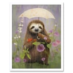 Picking Flowers in the Rain Oil Painting Cute Sloth with an Umbrella in a Wildflower Meadow Kids Bedroom Art Print Framed Poster Wall Decor 12x16 inch