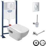 Jacob Delafon - Pack wc suspendu sans bride Struktura + Bati-support grohe + plaque Start chrome + porte-balai + porte-rouleau rond