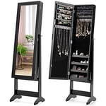 GOPLUS Armoire à Bijoux avec Miroir Inclinable en 3 Positions, Armoire à Bijoux sur Pied Grand Rangment avec 4 Étagères, Organisateur de Bijoux Réglable pour Chambre à Coucher, Salon, Noir