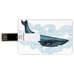 16G USB Flash Drives Credit Card Shape Whale Decor Memory Stick Bank Card Style Big Happy Whale with Ornamental Striped Waves with Motto Artwork,White Dark Blue and Blue Waterproof Pen Thumb Lovely Ju