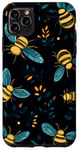 Coque pour iPhone 11 Pro Max Coque de téléphone motif ethnique moderne bleu - abeilles sur noir