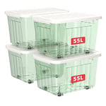 Cetomo Lot de 4 boîtes de rangement en plastique vert transparent de 55 L avec couvercle durable et boucles de verrouillage sécurisées, empilables et emboîtables, avec boucle