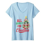 Womens All Booked for Christmas Books Teacher Librarian Library V-Neck T-Shirt