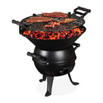 relaxdays Barbecue tonneau, Fonte de Fer et Acier, réglable Hauteur, Portable, Charbon de Bois, Grillage d.35 cm,Noir