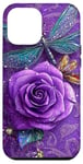 Coque pour iPhone 15 Plus Jolie rose violette et libellule avec étoiles libellules violettes