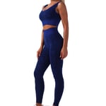 Women's Workout Outfit 2 Pieces Mesh Patchwork Yoga Leggings Pants With Sports Bra Gym Clothes Set, Yoga Suits for Women Gym Running Set dark blue-M