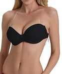 YANDW Strapless Bra with Clear Back Invisible Strap Push Up Padded Underwire Backless Halter Bralette 32A, Black