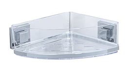 WENKO Etagère d'angle Douche Quadro, étagère Angle Salle de Bain Fixation sans perçage Vacuum-Loc® repositionnable sans résidus, Acier INOX - Plastique, 28x8,5x19,5 cm, Brillant - Transparent