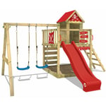 Wickey - Aire de jeux Portique bois Smart Cave avec balançoire et toboggan rouge Cabane enfant exterieur avec bac à sable, échelle d'escalade &