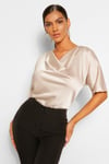 Satin Cowl Neck Short Sleeve Blouse