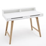 Bureau style scandinave THEA blanc et hêtre 2 tiroirs 2 niches