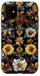 Coque pour iPhone 11 Beau motif abeilles et fleurs noires