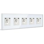 BSEED Quintuple Prise Murale avec 2 Ports USB,16A Prise de Courant Alternatif avec Panneau en Verre,Multiprise Murale Max 2.1A,Convient au Smartphone, à la Tablette (5 Prise avec 2 Ports USB,Blanc)