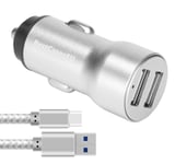 NWNK13 Fast Car Charger for Huawei P Smart 2020 Mobile Phone in Car Charger 2 Port USB Car Adapter Fast Charging 3.4A with 1mt Micro USB Cable High Speed Lead Wire (Silver)