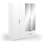 Demeyere Armoire Dressing avec Miroirs & Penderie Moderne 4 Portes 5 Etagères 2 Tiroirs – Coloris Blanc Mat-157, Bois d'ingénierie, Gris, 157,3 x 51,1 x 203 cm