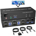 Usb 3.0 Kvm Hdmi Switch Dual Monitor 2 Port,4K @ 60 Hz À Affichage Étendu Commutateur Kvm Hdmi 2 Entrées 2 Sorties Avec Sortie Microphone Audio Et 3 Ports Usb,Moniteur Pc Clavier Souris Commutateur