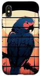 Coque pour iPhone X/XS rétro coucher de soleil bleu perroquet oiseau branche lune. silhouette