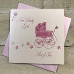 WHITE COTTON CARDS Girl Mazel Tov, Handmade Jewish New Baby Card (Pink Pram)