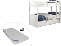 Lits superposés séparables ANCHISE II - 2 x 90 x 190 cm - Avec rangements - Pin blanc + matelas