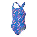 Speedo Junior Girl's Hyperboom Allover Medalist One Piece Swimsuit | Chlorine Resistant | Quick Drying | Stretch Fabric | Comfort Fit | 1 Piece, Siren Red/True Cobalt/Picton Blue, 13-14 Years