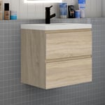 Biubiubath - Meuble de salle de bain avec lavabo, 60 cm, 2 tiroirs avec fermeture amortie, meuble suspendu chêne