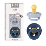 BIBS Colour Soother 2-Pack, BPA Free Dummy Pacifier, Round Nipple. Natural Rubber Latex, Made in Denmark. 0-6 Months (Pack of 2), Dusty Blue/Steel Blue