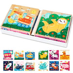 DBPBToU Puzzles en Bois pour 2 3 4 Ans, 2 Pièces 6 en 1 Puzzle Cube, Jouets Montessori Jeux Educatif pour Bébé Garçon Fille (Animaux+Trafic)