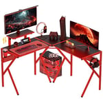 HOMCOM Bureau Gaming Bureau d'angle Bureau Gamer 125 x 125 cm en Forme de L avec Plateau en Fibre de Carbone, Support d'écran Porte-gobelet et Crochet pour Casque, Rouge