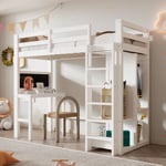 Wishdor - Lit mezzanine enfant 90 x 200 cm avec bureau armoire ouverte, étagères, sommier à lattes et protection antichute, blanc