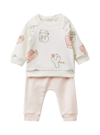 Benetton Baby Cat Print and Embroidered Tracksuit, White Cream