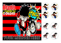 DENNIS THE MENACE    PERSONALISED  SQ EDIBLE  ICING 7.5 ins + 8 CUPCAKE TOPPERS