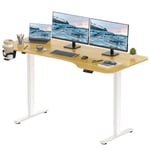 FitStand Electric Standing Desk 160x75cm, Height Adjustable Standing Desk Sit Stand Desk Home Office Desk with Memory Intelligent Control Panel/1 Hook/1 Cup Holder (White Frame+ Maple Desktop)