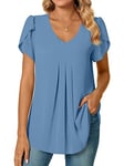 Bestbee Ladies Summer Tops, Dressy Chiffon Blouses Pleated Shirts Petal Short Sleeve Tunic Tops for Women V-Neck Casual T-Shirts, Blue 2XL