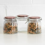 Set of 3 Ribbed Glass Jars Copper Lids 1L Canisters Containers Tea Coffee Sugar