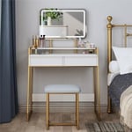 Mondeer Dressing Table with Mirror and Stool, Vanity Makeup Table Set with 3 Color Adjustable Brightness LED Lights, 2 Large Storage Drawers and Metal Frame, for Bedroom, White and Gold