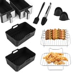 INMUA Air Fryer Accessories, Set of 9 for Ninja Dual Air Fryer AF300UK AF400UK Including Silicone Air Fryer Liners, Dual Air Fryer Racks, Paper Lining, Silicone Gloves, Food Tong, Black