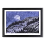 Big Box Art Full Moon Over The Mountains Painting Framed Wall Art Picture Print Ready to Hang, Black A2 (62 x 45 cm)