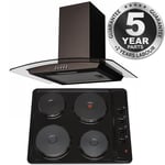 SIA 60cm Black 4 Zone Solid Plate Hob And Curved Glass Cooker Hood Extractor Fan