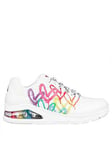 Skechers Goldcrown Clustered Graffiti Heart Print W Rainbow Air Bag Lace Up Fashion Sneaker, White, Size 6, Women