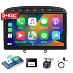 Autoradio Podofo Carplay pour Peugeot 308/408 2007-2013, autoradio Tactile 9 Pouces 2G+64G avec A-pple Carplay Android Auto sans Fil, Bluetooth/GPS/WiFi/FM/RDS/SWC/HiFi/USB+Caméra arrière