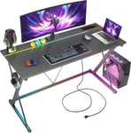 Bureau Gaming LED Prises Courant - 100x50 cm Moderne Ergonomique Poste de Travail Informatique, 2 Prises, Interface USB et Type C, Crochet Casque, Bureau Table Gamer pour Jouer Etudier