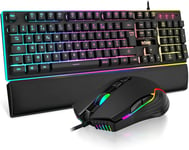 K10 Ensemble Gaming Clavier et Souris Gamer Usb,AZERTY FRANÇAIS+Repose-Poignets,Clavier Anti-Ghosting Rétroéclairé RVB et 7200 DPI avec Souris Ergonomique pour Les Joueurs (Noir)