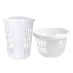 Set of Ice White- Plastic 60L Round Laundry Hamper with Lid & 50L Storage Basket