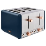 Tower Cavaletto 4-Slice Toaster with Defrost/Reheat,S/Steel Midnight Blue & Gold