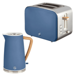 Swan Nordic Kettle & 2 Slice Toaster Kitchen Set Wood Accents (Blue)