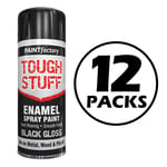 12X TOUGH STUFF ENAMEL BLACK GLOSS SPRAY PAINT FOR WOOD METAL 400ML