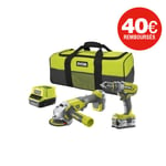 Pack Perceuse-visseuse à percussion RYOBI 18V - Meuleuse d'angle One+ 18V - 1 batterie 18V 2.0 Ah - 1 batterie 18V 4.0 Ah - 1 charg